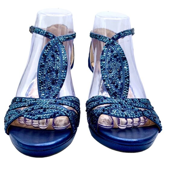 Alex Marie T-Strap Beaded Peep-Toe Dressy Heels Black Tie Fabric 7.5 Navy Blue - Picture 2 of 14